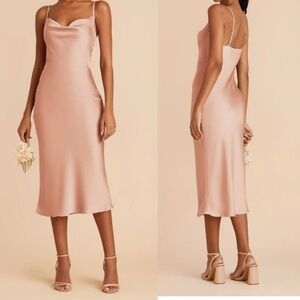 Birdy Grey Lisa Matte Satin Draped Cowl Neck Bias Cut Midi Dress Rose Gold Small